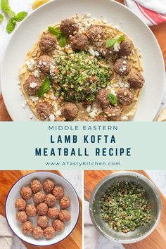 meatballs and rice in bowls on a wooden table with text overlay that reads middle eastern lamb kofta meatball recipe