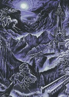 a drawing of a castle in the middle of a mountain with trees and mountains around it