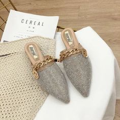 LBSFY - Pointed Toe Half Slippers Female Summer Wear 2024 New Fashion Rhinestone Lazy Flats Sandals Casual Slippers Metal Chain Slides Size 5.5=22.5cmSize 6=23cmSize 6.5=23.5cmSize 7=24cmSize 7.5=24.5cmSize 8=25cmSize 8.5=25.5cmSize 9=26cmSize 9.5=26.5cm Mules Shoes Flat, Wedding Casual, Fashion Slides, Luxury Flats, Ladies Sandals, Rhinestone Flats, Heeled Mules Sandals, Silver Pumps, Summer Slippers