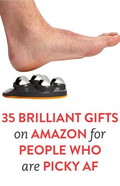 a person standing on top of a pair of shoes with the words brilliant gifts on amazon for people who are picky af