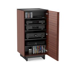 an entertainment center with several shelves and various audio equipment on it's sides, including a cd player