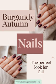 Close-up of hands with glossy burgundy autumn nails, creating a cozy and stylish look for fall. Burgundy Nails