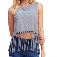 Nwt: Junior's Super Cute Crop Tank Top By Hollister. Details: Gray With Teal Lettering "Summer Daze" Graphic Sleeveless Scoop Neckline Bohemian Fringe Styling Never Worn And In New Condition With Tags. Trendy Stretch Top For Beach, Summer Cotton Crop Top Tank, Trendy Spring Beach Tank Top, Trendy Tank Top For Beach Season Day Out, Trendy Summer Beach Tank Top, Trendy Summer Tank Top For Vacation, Trendy Summer Vacation Tank Top, Trendy Spring Festival Tank Top, Summer Tank Top For Day Out