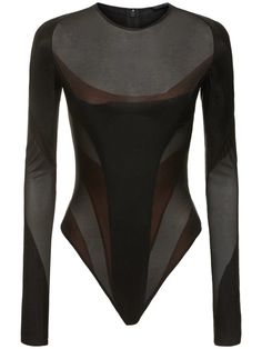 Nylon jersey long sleeve bodysuit - MUGLER - Women | Luisaviaroma Versace Brand, Jersey Long Sleeve, Shearling Jacket, Black Bodysuit, Long Sleeve Bodysuit, Swimwear Tops, Party Outfit, Winter Outfits, Dolce And Gabbana