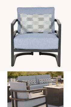 an outdoor conversation set with blue cushions and pillows on the back, next to a photo of