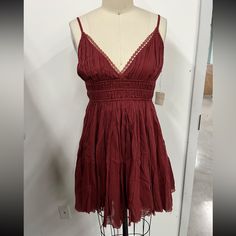 New With Tag Burgundy Color Spring Burgundy Cotton Dress, Burgundy Cotton Dress For Spring, Casual Burgundy Mini Dress For Spring, Chic Burgundy Mini Dress For Summer, Casual Burgundy V-neck Mini Dress, Casual Burgundy Summer Dress, Elegant Red Cotton Mini Dress, Summer Burgundy V-neck Mini Dress, Spring Burgundy V-neck Mini Dress