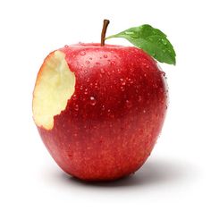 an apple with a bite taken out of it and water droplets on the side, against a white background