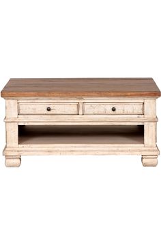 a white coffee table with two drawers