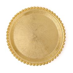 a gold plate with beaded edges on a white background, viewed from the top