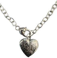 Vintage Heart Charm Necklace Engraved, Silver Metal Heart Necklace Engraved, Engraved Silver Heart Necklace, Heart-shaped Engraved Metal Charm Necklaces, Silver Engraved Heart Necklace, Vintage Heart Pendant Chain Necklace For Valentine's Day, Vintage Heart Pendant Locket Necklace With Adjustable Chain, Vintage Metal Heart Pendant Chain Necklace, Vintage Metal Chain Necklace With Heart Pendant