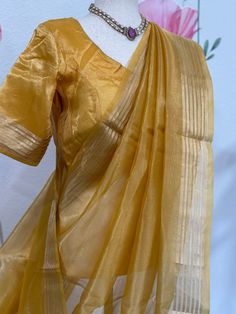 Amazing silk mark certified Banarasi tissue saree blouse size 36-40 fall & pico done. Comes with in-skirt Exclusive sarees from Haas Chanderi Pre-draped Saree With Zari Work For Formal Events, Formal Pre-draped Chanderi Saree With Self Design, Elegant Yellow Pre-draped Saree With Zari Weaving, Formal Tussar Silk Pre-draped Saree With Dupatta, Anarkali Style Chanderi Pre-draped Saree For Formal Occasions, Formal Anarkali Chanderi Pre-draped Saree, Formal Silk Pre-draped Saree With Zari Weaving, Festive Gold Pre-draped Cotton Silk Saree, Gold Cotton Silk Pre-draped Saree