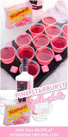 pink starburst jelly cups are arranged on a tray and in front of a bag