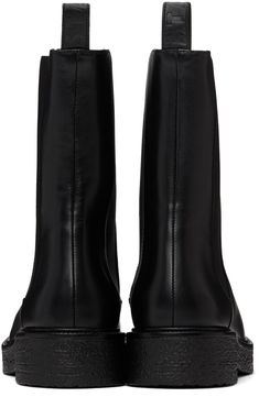 Ankle-high buffed leather boots in black. · Elasticized gussets at sides · Logo-embossed pull-loop at heel collar · Suede and buffed leather lining · Textured rubber midsole · Crepe rubber sole Supplier color: Black Line Texture, Black Boots, Leather Boots, Rubber Sole, Ankle Boots, Collar, Boots, Heels, Leather