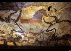 cave paintings depicting horses and people on the wall