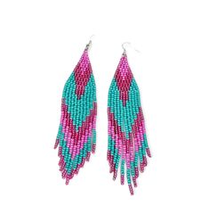 Turquoise Pink Beaded Earrings for Summer | Statement Boho Fringe Earrings | Colorful4U Long Statement Earrings, Seed Bead Jewelry Patterns, Boho Chic Style, Beaded Jewlery, Summer Solstice, Pink Turquoise, Earring Patterns, Bead Jewelry, Seed Bead Earrings