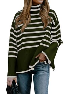 PRICES MAY VARY. 50% Viscose/28% Polyamide/22% Polyester Imported Pull On closure Machine Wash Women's Long Sleeve Striped Sweater Winter Knit Sweater, Sweater Turtleneck, Flare Long Sleeve, Long Sleeve Pullover Sweater, Oversized Pullover, Long Sleeve Turtleneck, Cute Sweaters, Fall Sweaters, Striped Sweater