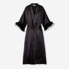 : Petite Plume™ Women's Silk Robe With Feathers For Women Robe With Feathers, Women Silk Robe, Luxury Sleepwear, Feather Trim, Women's Robe, Silk Robe, Hollywood Fashion, Old Hollywood Glamour, Black Ruffle