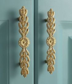 a pair of gold door handles on a blue door