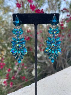 aqua ab rhinestone earrings Tucson Az, Blue Zircon, Earrings Blue, Rhinestone Earrings, Long Earrings, Tucson, Teal Blue, Labour Day, Jewelry Earrings Dangle