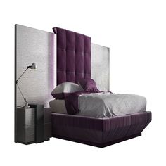 a bed with purple upholstered headboard next to a night stand and nightstand