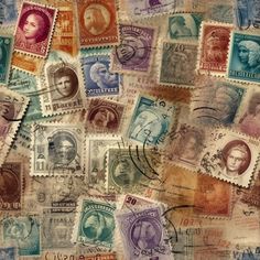 many different postage stamps are arranged together