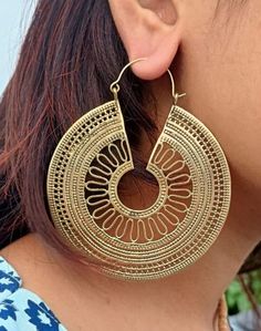 Boho Mandala Hoop Earrings, Mandala Earrings, Tribal Earrings, Brass Earrings, Hoop Earrings, Big Round Earrings, Statement Earrings Metal:-brass ❥ Customers' satisfaction is our biggest priority, please contact us with any questions/queries for future or existing orders, and we will do our best to make sure you are happy with your order. ❥Please make sure to add the correct address during checkout. You can return your purchased item within 15 days after successful delivery. We offer a 100% "Mon Summer Hoop Earrings With Ear Wire, Small Hoop Metal Earrings For Festivals, Festival Dangle Metal Hoop Earrings, Small Hoop Earrings With Ear Wire For Festivals, Festival Metal Dangle Hoop Earrings, Festive Dangle Metal Hoop Earrings, Single Hoop Metal Plug Earring, Nickel-free Drop Hoop Earrings For Festivals, Single Hoop Earring In Metal