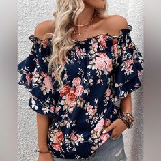 Navy Floral Off The Shoulder Top 100% Polyester Floral Print Non-stretch Top For Vacation, Non-stretch Floral Print Tops For Vacation, Blue Non-stretch Top For Beach, Feminine Blue Tops For Vacation, Blue Off-shoulder Top With Floral Print, Blue Off-shoulder Floral Print Tops, Blue Blouse For Beach, Magical Fashion, Lady Tops