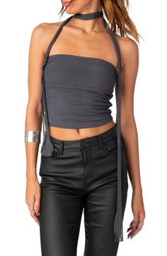 A matching mesh scarf adds a fun flourish to a sultry strapless crop top that's gathered at the sides. Includes scarf and top Strapless 95% polyester, 5% spandex Machine wash, dry flat Imported Mesh Scarf, Top Strapless, Strapless Crop Top, Scarf Top, Mesh Fabric, Dark Gray, Crop Top, Two Piece, Nordstrom