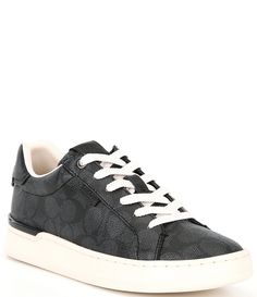 From COACH&#x2C; the Lowline C Logo Print Canvas Sneakers feature:C logo print coated canvas upperLace-up closureFine mesh liningRubber outsoleFlat heelImported. Tenis Coach, C Logo, Print Coat, Black Sneakers, Coach Shoes, Canvas Sneakers, Dillard's, Casual Sneakers, Logo Print