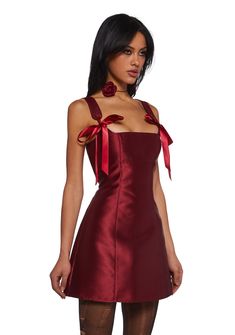 This mini dress has a non-stretch taffeta construction, adjustable ribbon shoulder ties, a fit-and-flare silhouette, a back zip closure, and is fully lined. Red Winter Dress, Current Mood Clothing, Burgundy Mini Dress, Pixie Dress, Holiday Dress, Current Mood, Burgundy Red, Velvet Dress, Dolls Kill