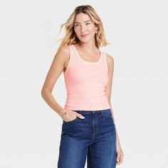 Women's Shrunken Rib Tank Top - Universal Thread™ : Target Knitted Crop Tank Top, Rib Tank Top, Target Clothes, Solid Tank Tops, Pink M, Long Torso, Ribbed Tank Tops, Hem Style, Peachy Pink