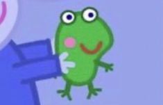 a cartoon frog with big eyes holding onto a blue object