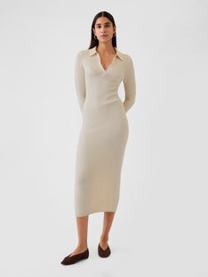 Supersoft cotton-blend ribbed knit midi polo sweater dress.  Polo collar.  Long sleeves.  Fit: Slim.  A slim silhouette that fits close to the body.  Hits below the knee.  Models wearing Gap Plush Yarn, First Communion Dresses, Everyday Luxury, Communion Dresses, Shirt Sweater, Polo Sweater, Ribbed Dresses, Knit Midi, Polo Collar