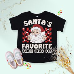 santa's favorite three year old t - shirt with shoes and confetti