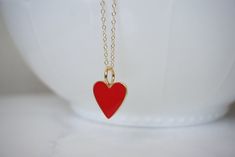 "Dainty Heart Necklace Pendant Anniversary Valentine's Day Your love Gift for Mom Gift for wife -Details Heart - .75\" or 19.mm brass and red enamel, the back is gold and blank, not double sided Chain - 14kt gold filled link chain Length - 14 - 40\" -How to Order Please select the chain Length from the first drop down menu The standard length is normally 18\" For multiple necklace purchases please send us a quick email for pricing and availability -Questions Remember photos can make pieces look Dainty Red Jewelry For Everyday, Dainty Red Charm Necklace For Valentine's Day, Red Dainty Charm Necklace With Heart Charm, Dainty Red Charm Necklace For Everyday, Red Necklaces For Valentine's Day, Red Pendant Necklace For Valentine's Day, Red Heart Pendant Necklace For Everyday, Red Necklace For Valentine's Day, Red Heart Pendant Necklace For Valentine's Day