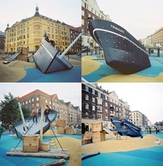 there are three pictures of people playing on the water slide and in the playground area