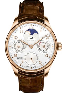 Portugieser Perpetual Calendar ITEM#: IWC0141327 $38,000 Iwc Chronograph, Iwc Portuguese, Iwc Schaffhausen, Mens Rose Gold Watch, Iwc Watches, Rose Gold Brown, Gents Watches, High End Watches, Perpetual Calendar