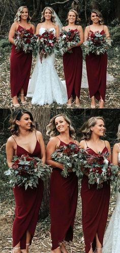 the bridesmaids are all dressed in burgundy dresses