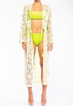 White Wrap Cover-up For Beach Party, Chic Beach Season Cover-up With Open Front, Chic Open Front Cover-up For Beach Season, Spring Chic Long Robe, Chic Long Sleeve Summer Robe, Chic Long Sleeve Beach Robe, Green Spring Cover-up For Beach Party, Chic Summer Wrap Robe, Long Beachwear Cover-up For Spring