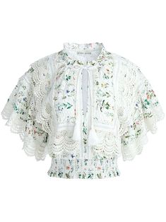 white/multicolour cotton pattern-lace detailing all-over floral print tassel detail round split neck flute sleeves scallop edge elasticated hem cropped Tassel Blouse, White Lace Blouse, Cropped Blouse, Lace Button, Scallop Edge, Alice And Olivia, Feminine Aesthetic, Lace Crop Tops, Crop Blouse