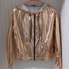 Nwt - New With Tags Lightweight Jacket / Windbreaker / Hoodie. Perfect For A Warm Summer Night Or Going To A Festival. Gold Long Sleeve Outerwear For Streetwear, Gold Hooded Winter Outerwear, Casual Gold Outerwear For Winter, Girl Tuxedo, Madonna Material Girl, White Lace Jacket, Girls Blazers, Color Block Coats, Pleather Jacket