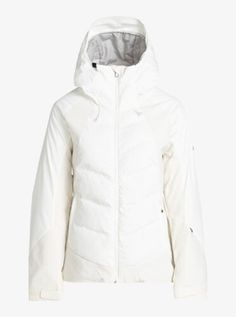 a women's white jacket with hood and zippers on the chest, front view