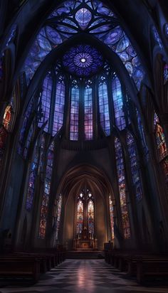 the inside of a church with stained glass windows