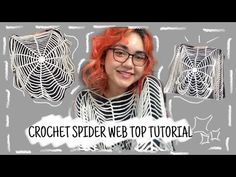 a woman with red hair and glasses is shown in front of a spider web pattern