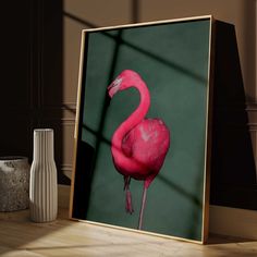 Flamingo - Sage - AureousHome Flamingo Living Room, Retro Living Room Decor, Maximalist Living Room, Extra Large Art, Flamingo Wall Art, Abstract Animal Art, Flamingo Decor, Retro Living Rooms, Yellow Wall Art