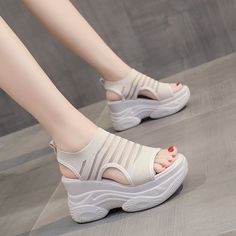 Summer Women Platform Sandals Fashion White 8 Cm Increasing Sandals Thick Sole Casual Platform Shoes Female Beige Open Toe Non-slip Sandals, Beige Non-slip Open Toe Sandals, Casual Beige High Heel Slingback Sandals, Casual Sandals With Thick Flat Heels, Casual Flat Heel Platform Sandals, Thick Bottom Round Toe Sandals, Casual Thick-bottom Sandals For Spring, Casual Open Toe Sport Sandals With Thick Bottom, Open Toe Sport Sandals With Branded Insole For Summer