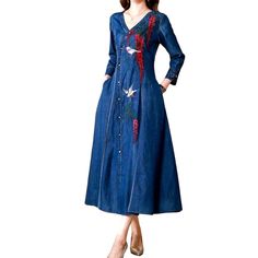 Embroidered v-neck ladies denim dress Fitted Denim Blue V-neck Dress, Long Sleeve Embroidered Denim Blue Dress, Long Sleeve Denim Dress With Floral Embroidery, Denim Long Sleeve Dress With Floral Embroidery, Embroidered Long Sleeve Denim Blue Dress, Embroidered Long Sleeve Denim Summer Dress, Embroidered Denim Blue Long Sleeve Dress, Embroidered Fitted Denim Dress, V-neck Denim Blue Cotton Dress