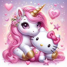 an image of a unicorn hugging a hello kitty