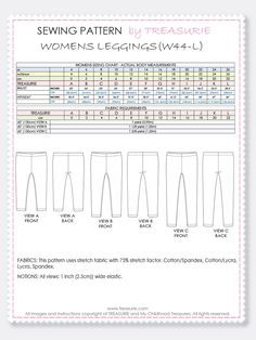 sewing pattern for women's leggings with measurements