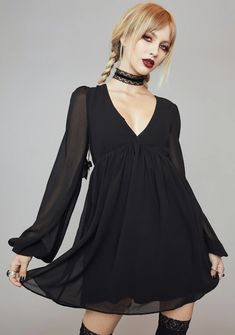 Widow Chiffon Puff Sleeve Mini Dress | Dolls Kill Gothic V-neck Dress For Fall, Gothic V-neck Dresses For Spring, Gothic V-neck Dress For Night Out, V-neck Mini Dress With Elastic Sleeves For Parties, V-neck Mini Dress With Sheer Sleeves For Night Out, Gothic V-neck Mini Dress For Party, V-neck Chiffon Dress For Fall Party, Chic Flowy Mini Dress With Bell Sleeves, Flowy Chiffon Party Dress For Fall